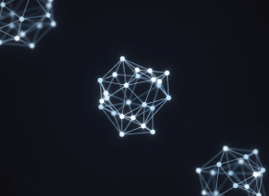 Abstract molecular structure on a deep near-black background, minimal and elegant. Thin luminous white and pale-blue connective lines forming a delicate 3D molecule lattice with small glowing nodes, subtle depth of field, luxurious scientific aesthetic. Clean, high-end, laboratory-meets-luxury feel. Lots of negative dark space, sophisticated and calm, no text.
