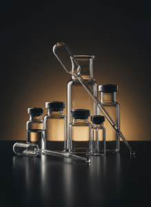 Elegant close-up of scientific laboratory equipment, glass vials and pipettes on dark surface, soft gold rim lighting against near-black background, minimal, refined, luxury pharmaceutical editorial photography