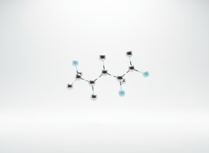 Ultra-clean minimalist scientific still life, abstract molecular peptide structure rendered as delicate silver and pale blue connected spheres and thin lines floating over a bright pure white studio background, soft diffused lighting, elegant premium laboratory aesthetic, lots of negative space, high-key photography