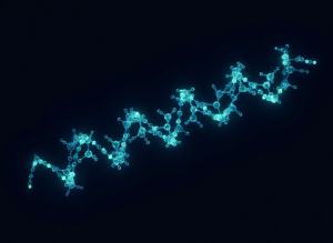 Abstract macro photograph of a glowing electric-blue and teal molecular peptide chain structure, delicate connected nodes and helical strands, floating in deep near-black navy darkness, premium biotech scientific aesthetic, dramatic soft rim lighting, high detail, cinematic, dark background