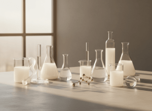 Soft editorial luxury biotech still life: pale greige and ivory tones, minimalist laboratory glassware in warm diffused natural light, subtle shadows, refined and clean, high-end skincare brand aesthetic, muted warm palette, generous negative space, no text